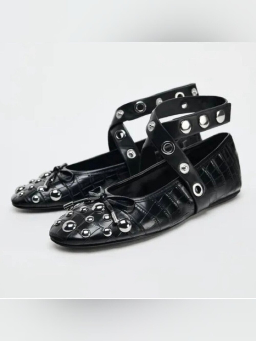 Zara Black Studded Faux Leather Mary Jane Ballet Flats, Ankle Straps, 40/9